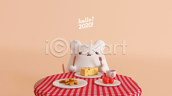 귀여움 사람없음 3D PSD 디지털합성 편집이미지 2020년 3D캐릭터 HELLO 경자년 살구색 새해 식사 쥐 쥐띠 쥐캐릭터 치즈 편집 한마리 흰쥐