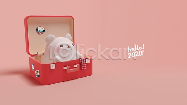 귀여움 사람없음 3D PSD 디지털합성 편집이미지 2020년 3D캐릭터 HELLO 경자년 분홍색 새해 여행가방 쥐 쥐띠 쥐캐릭터 편집 한마리 흰쥐