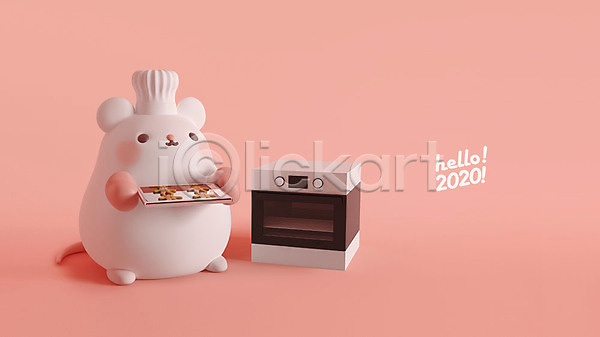 귀여움 사람없음 3D PSD 디지털합성 편집이미지 2020년 3D캐릭터 HELLO 경자년 분홍색 새해 오븐 요리사 쥐 쥐띠 쥐캐릭터 쿠키 편집 한마리 흰쥐