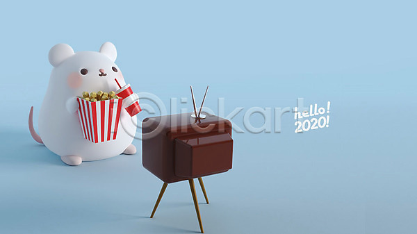 귀여움 사람없음 3D PSD 디지털합성 편집이미지 2020년 3D캐릭터 HELLO 경자년 새해 쥐 쥐띠 쥐캐릭터 콜라 텔레비전 파란색 팝콘 편집 한마리 흰쥐
