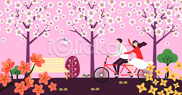 기쁨 만족 산책 즐거움 행복 남자 두명 사람 여자 AI(파일형식) 일러스트 개나리 공원 구경 꽃 나무 데이트 벚꽃 벤치 봄 봄바람 분홍색 새싹 자전거 진달래 커플