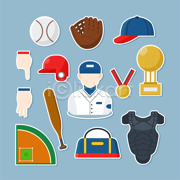 남자 남자한명만 사람 한명 AI(파일형식) 일러스트 가방 글러브 메달 사인 세트 스티커 야구공 야구모자 야구방망이 야구선수 운동장 직업 트로피 파란색 헬멧