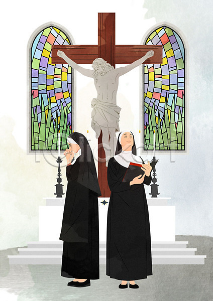 믿음 두명 사람 여자 여자만 PSD 일러스트 서기 성당 수녀 스테인드글라스 신앙심 십자가 예수 종교 천주교