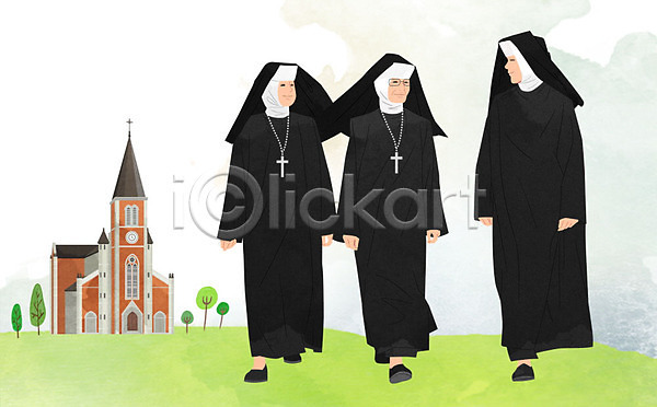 믿음 사람 세명 여자 여자만 PSD 일러스트 걷기 성당 수녀 신앙심 십자가 종교 천주교