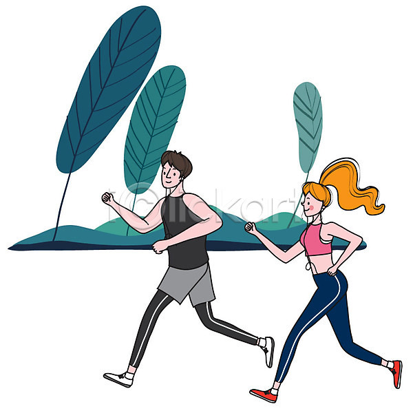 남자 두명 사람 여자 AI(파일형식) 일러스트 건강 공원 달리기 라이프스타일 러닝 운동 조깅 취미 커플 컬러풀 힐링