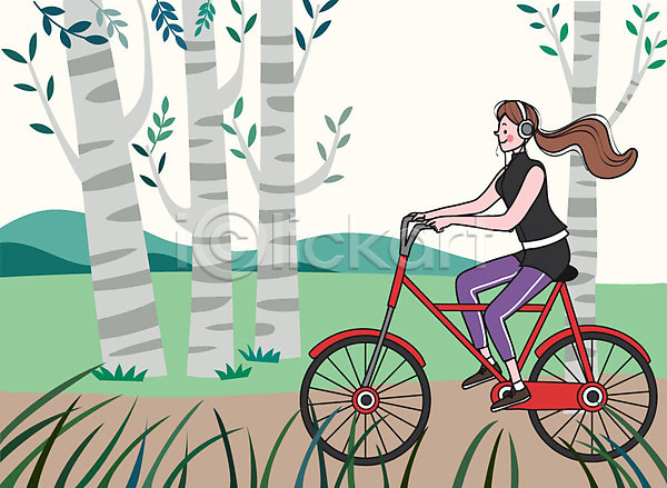 사람 여자 여자한명만 한명 AI(파일형식) 일러스트 건강 공원 라이프스타일 운동 자전거 초록색 취미 컬러풀 힐링