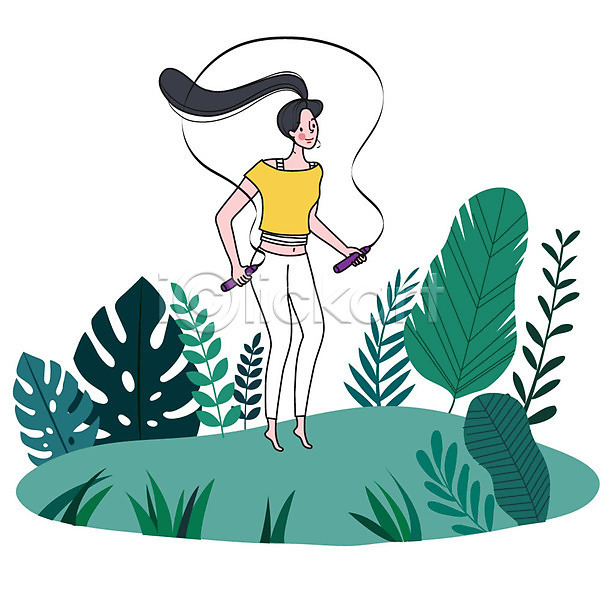 사람 여자 여자한명만 한명 AI(파일형식) 일러스트 건강 공원 라이프스타일 운동 줄넘기 초록색 취미 컬러풀 힐링