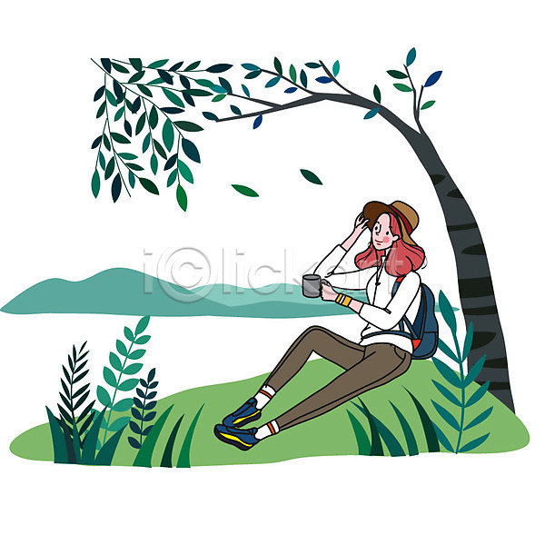 사람 여자 여자한명만 한명 AI(파일형식) 일러스트 건강 공원 등산 라이프스타일 운동 초록색 취미 컬러풀 힐링