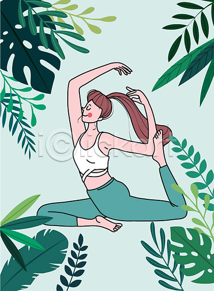 편안함 사람 여자 여자한명만 한명 AI(파일형식) 일러스트 건강 라이프스타일 숲 운동 초록색 취미 컬러풀 필라테스 힐링