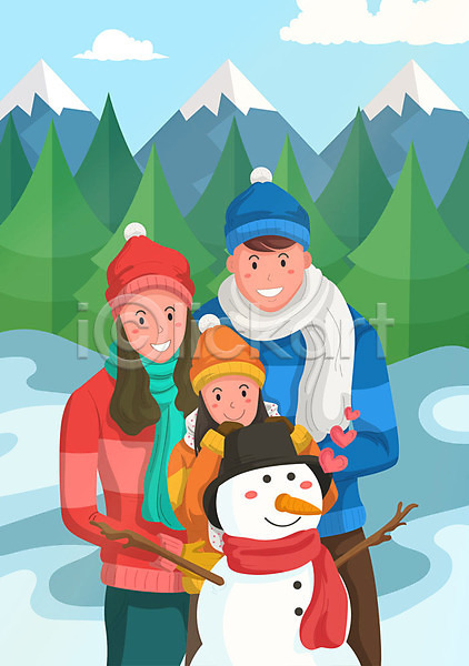 남자 사람 성인 세명 어린이 여자 AI(파일형식) 일러스트 가족 가족여행 겨울 겨울여행 나무 눈사람 딸 목도리 사진촬영 산 아빠 엄마 털모자 하트