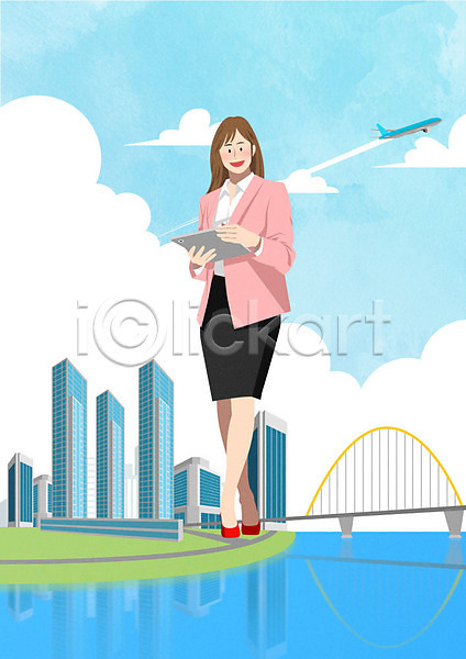 사람 성인 성인여자한명만 여자 한명 PSD 일러스트 경제 구름(자연) 다리(건축물) 도시 비즈니스 비즈니스우먼 비행기 빌딩 직장 직장인