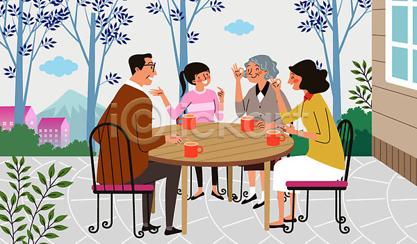 즐거움 남자 사람 여러명 여자 AI(파일형식) 일러스트 가족 구름(자연) 대화 산 예방 의자 자살예방 컵 탁자