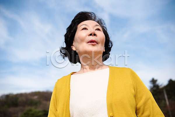 산책 60대 노년 노인여자한명만 여자 한국인 한명 JPG 로우앵글 포토 공원 바람 상반신 서기 야외 주간 하늘 할머니