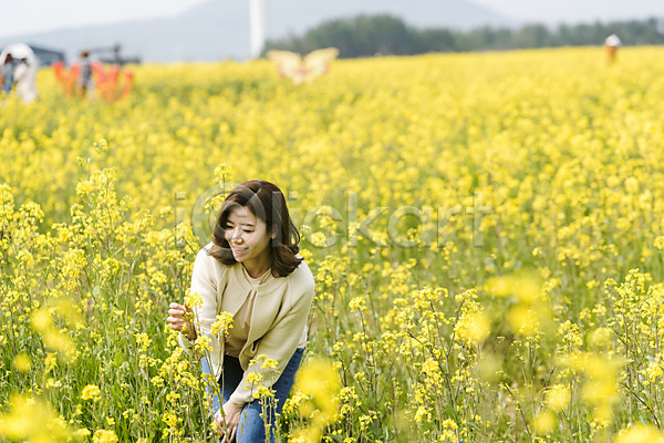 즐거움 행복 화목 30대 성인 성인여자한명만 여자 한국인 한명 JPG 앞모습 포토 가족여행 맑음 미소(표정) 봄 봄여행 상반신 서기 야외 유채 유채밭 응시 제주도 주간 표선면
