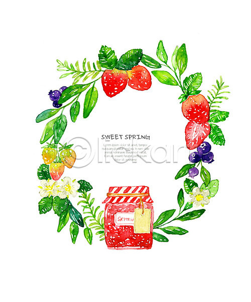 사람없음 PSD 일러스트 과일 과일청 딸기 딸기청 리스장식 봄 빨간색 수채화(물감) 허브