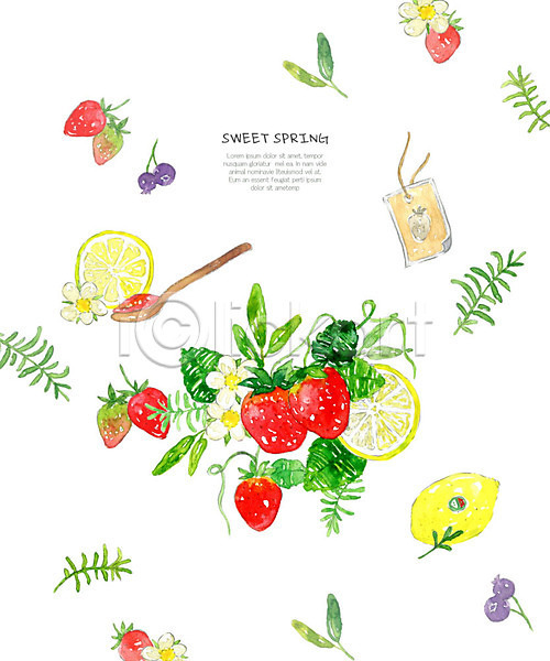 사람없음 PSD 일러스트 과일 과일청 딸기 레몬 봄 빨간색 수채화(물감) 허브
