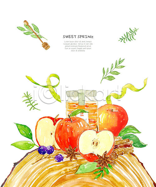 사람없음 PSD 일러스트 과일 봄 빨간색 사과 사과청 수채화(물감) 시나몬 잎 장미 통나무 허브