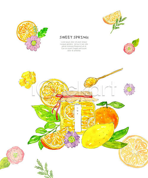 사람없음 PSD 일러스트 과일 나무스푼 망고 봄 수채화(물감) 오렌지 잎 주황색 허브