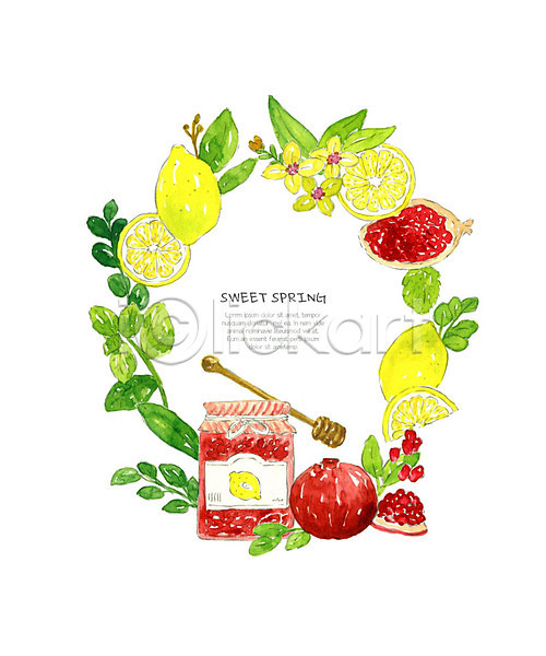 사람없음 PSD 일러스트 과일 레몬 리스장식 봄 빨간색 석류 석류청 수채화(물감)