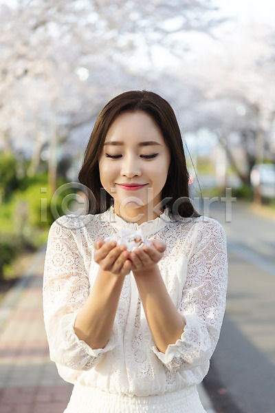 즐거움 행복 20대 성인 성인여자한명만 여자 한국인 한명 JPG 앞모습 포토 국내여행 꽃잎 들기 맑음 미소(표정) 벚꽃 벚꽃축제 봄 상반신 서기 야외 여행 우먼라이프 제주도 제주도여행 주간