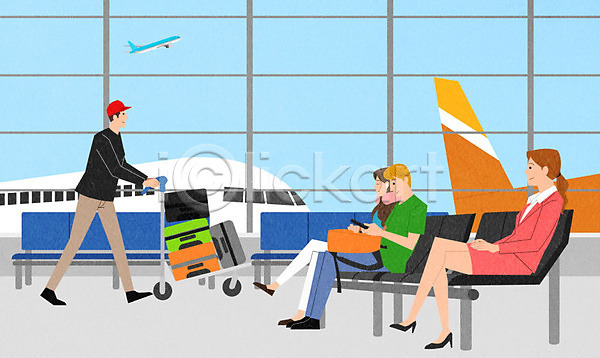 남자 사람 여러명 여자 PSD 일러스트 공항 기다림 대기 비행기 앉기 여행 의자 창문 카트 캐리어 탑승객