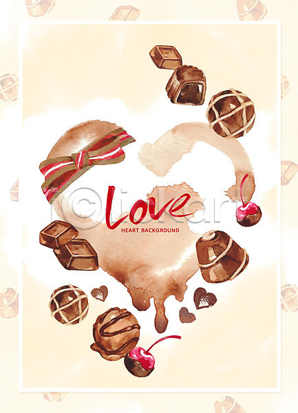 사랑 사람없음 PSD 일러스트 갈색 글자캘리그라피 기념일 데이이벤트 리본 발렌타인데이 백그라운드 사탕 수채화(물감) 이벤트 초콜릿 프레임 하트 하트백그라운드