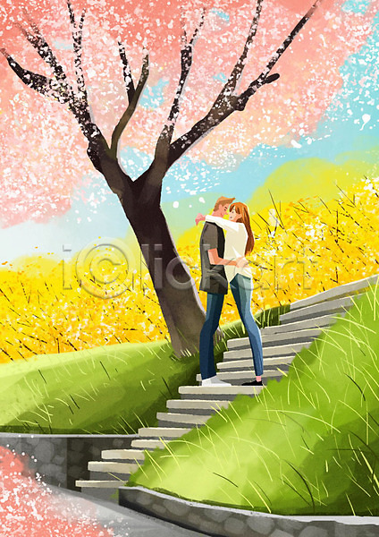 따뜻함 남자 두명 사람 여자 PSD 일러스트 개나리 계단 나무 벚꽃 봄 커플 포옹
