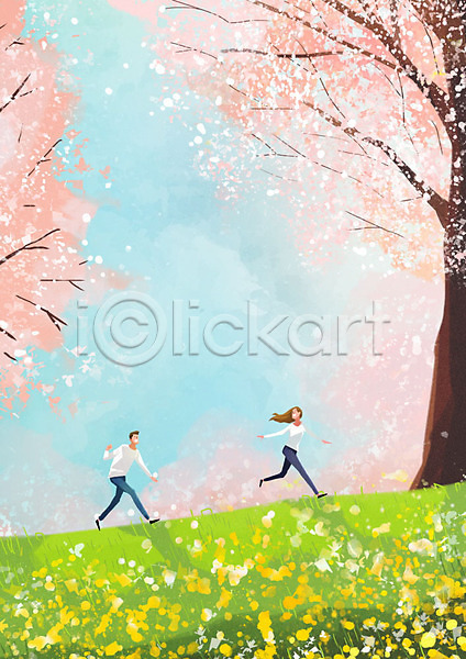 따뜻함 남자 두명 사람 여자 PSD 일러스트 나무 달리기 벚꽃 봄 초원(자연) 커플