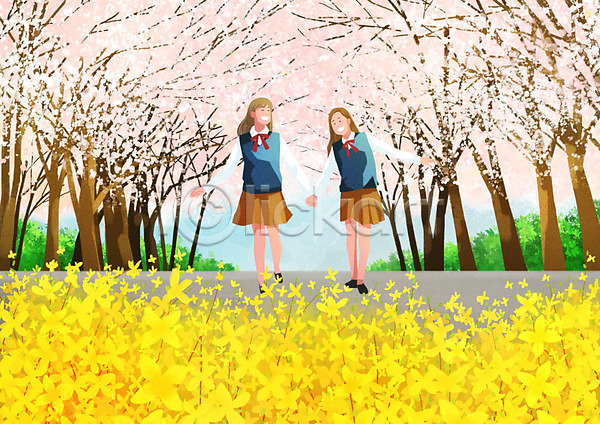 따뜻함 고등학생 두명 사람 여자 여자만 PSD 일러스트 가로수 개나리 걷기 벚꽃 봄 여학생 친구