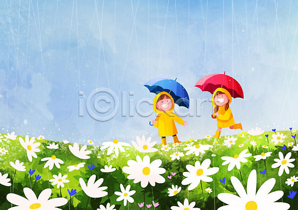 따뜻함 남자 두명 사람 소녀(어린이) 소년 어린이 어린이만 여자 PSD 일러스트 걷기 봄 봄비 우비 우산