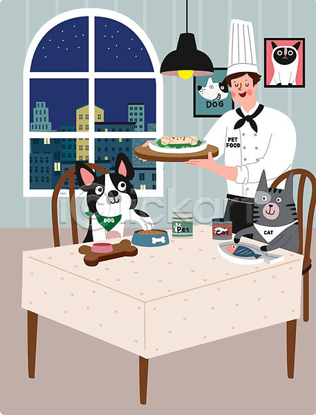 남자 남자한명만 사람 한명 AI(파일형식) 일러스트 강아지 고양이 두마리 레스토랑 반려 반려견 반려동물 반려묘 상반신 식사 요리사