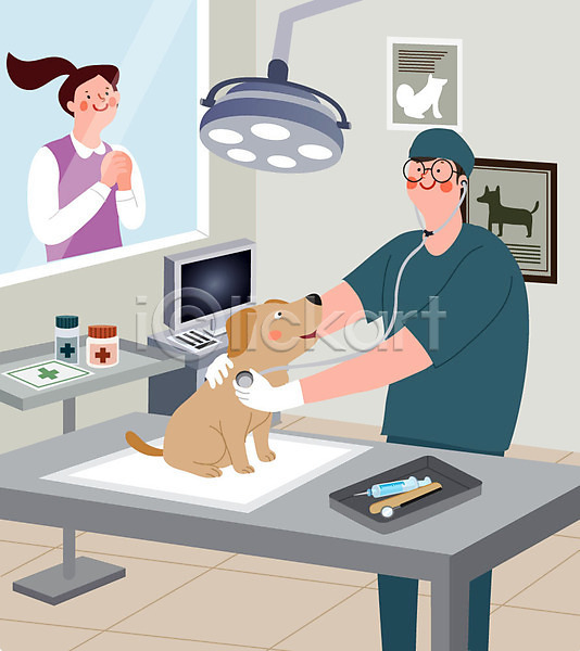 남자 두명 사람 여자 AI(파일형식) 일러스트 강아지 동물병원 반려 반려견 반려동물 상반신 수술 수의사 진료 한마리