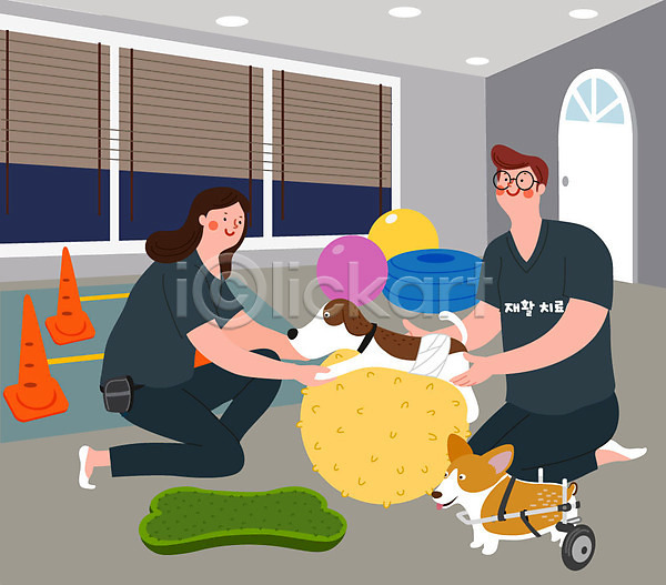 남자 두명 사람 여자 AI(파일형식) 일러스트 강아지 두마리 물리치료사 반려 반려견 반려동물 재활 재활운동 짐볼 치료 휠체어