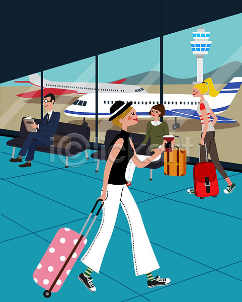 남자 사람 여러명 여자 AI(파일형식) 일러스트 공항 들기 비즈니스 비행기 여행 연휴 캐리어 하늘색 해외여행