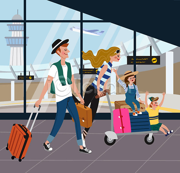 남자 사람 어린이 여러명 여자 AI(파일형식) 일러스트 가족 공항 공항카트 부모 비행기 아빠 엄마 여행 자녀 캐리어 해외여행