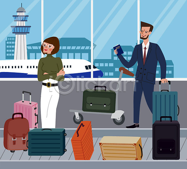 출장 남자 두명 사람 여자 AI(파일형식) 일러스트 공항 공항카트 기다림 비행기 수하물 여행 초록색 캐리어 해외여행