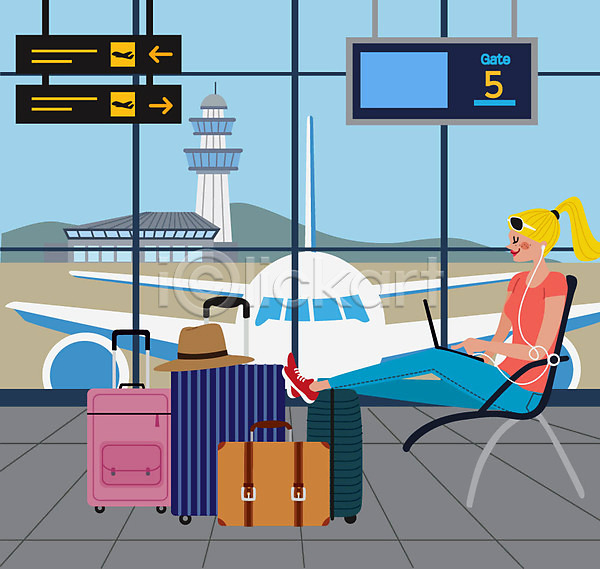 사람 여자 여자한명만 한명 AI(파일형식) 일러스트 게이트 공항 기다림 비행기 상반신 여행 캐리어 해외여행