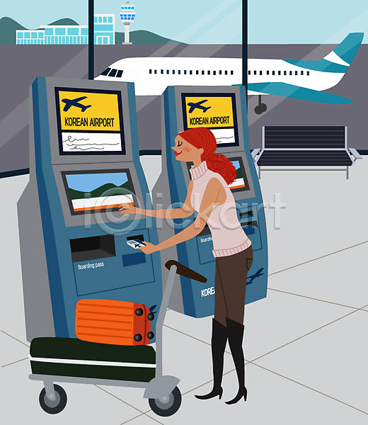 사람 여자 여자한명만 한명 AI(파일형식) 일러스트 공항 공항카트 비행기 셀프체크인 여행 캐리어 해외여행 회색