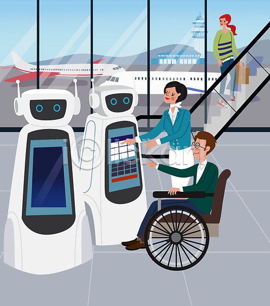 도움 남자 사람 세명 여자 AI(파일형식) 일러스트 공항 길찾기 로봇 비행기 안내 여행 장애인 직원 하늘색 해외여행
