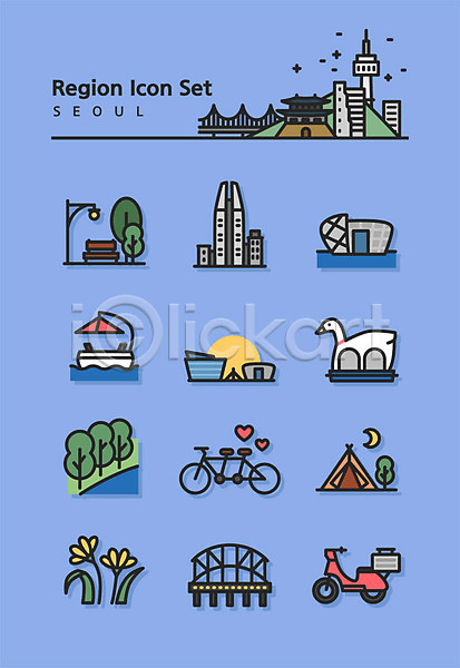 사람없음 AI(파일형식) 라인아이콘 아이콘 2인용자전거 꽃 다리(건축물) 벤치 서울 세빛섬 세트 오리배 오토바이 자전거 탑 텐트 파란색 한강