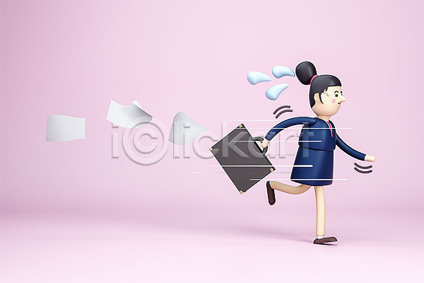 성인 성인여자한명만 여자 한명 3D PSD 디지털합성 편집이미지 3D소스 3D캐릭터 달리기 땀 문서 백그라운드 분홍색 비즈니스 비즈니스우먼 서류가방 지각 편집소스