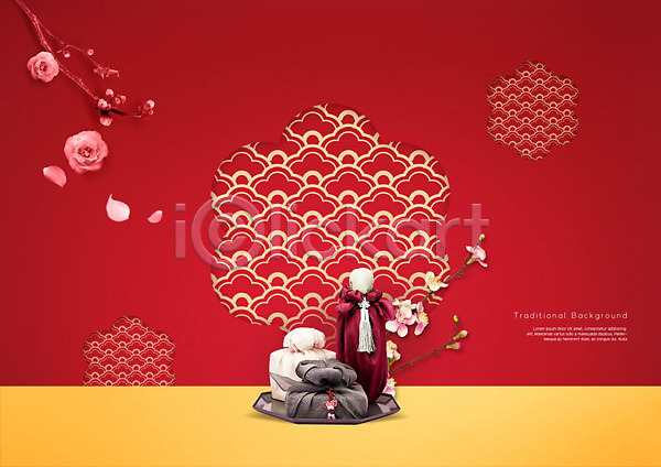 사람없음 PSD 편집이미지 꽃 꽃무늬 백그라운드 보따리 보자기(천) 빨간색 술병 전통 전통무늬 전통문양 전통소품 한국전통
