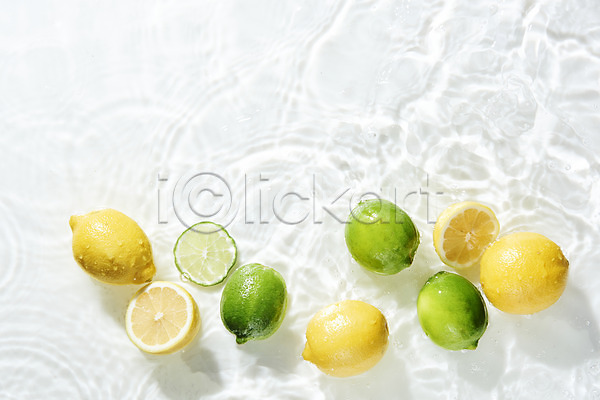 사람없음 JPG 포토 하이앵글 과일 단면 라임 레몬 물 물결 스튜디오촬영 실내 싱그러움 여러개 오브젝트 플랫레이 흰배경 흰색