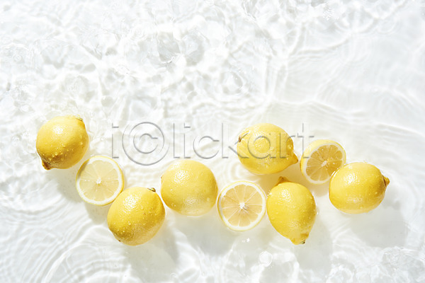 사람없음 JPG 포토 하이앵글 과일 단면 레몬 물 물결 스튜디오촬영 실내 싱그러움 여러개 오브젝트 플랫레이 흰배경 흰색