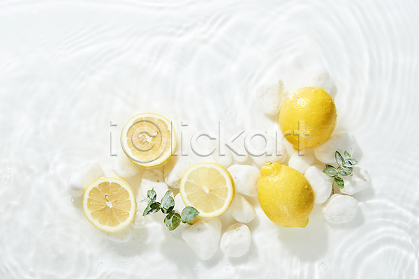 사람없음 JPG 포토 하이앵글 과일 단면 레몬 물 물결 스튜디오촬영 실내 싱그러움 여러개 오브젝트 유칼립투스 조약돌 플랫레이 흰배경 흰색
