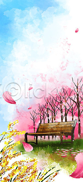 따뜻함 사람없음 PSD 일러스트 개나리 꽃 꽃잎 나무 낙화 백그라운드 벚꽃 벤치 봄 봄배경 분홍색 의자 풀(식물)