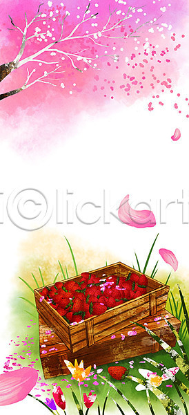 따뜻함 사람없음 PSD 일러스트 과일 꽃 꽃잎 나무 나무상자 낙화 딸기 백그라운드 벚꽃 봄 봄배경 분홍색 빨간색 풀(식물)