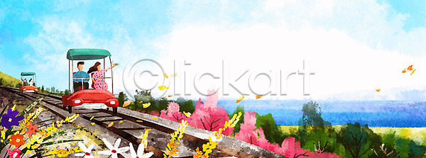 따뜻함 남자 사람 여러명 여자 PSD 일러스트 개나리 기찻길 꽃 나무 레일바이크 바다 백그라운드 벚꽃 봄 봄배경 전신 파란색 풀(식물) 하늘