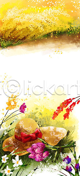 따뜻함 사람없음 PSD 일러스트 개나리 꽃 꽃다발 노란색 리본 모자(잡화) 백그라운드 봄 봄배경 봄풍경 풀(식물)
