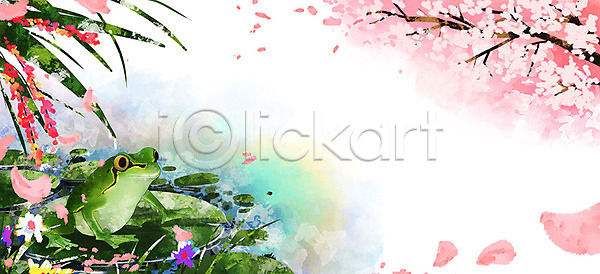 따뜻함 사람없음 PSD 일러스트 개구리 꽃 꽃잎 나무 낙화 백그라운드 벚꽃 봄 봄배경 분홍색 연못 풀(식물)